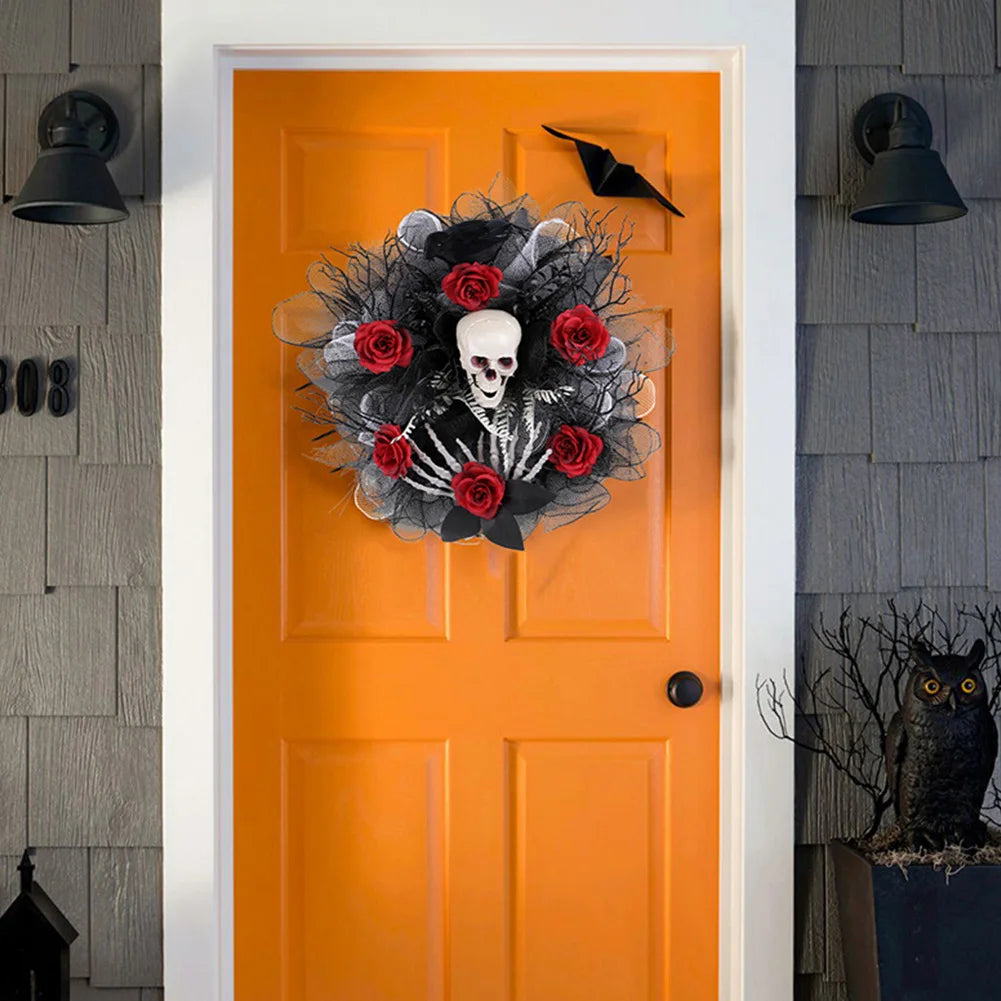 Halloween Wreath Scary Red Rose Wreath Halloween Skeleton Wreath for Haunted Mansion Halloween and Party Supplies