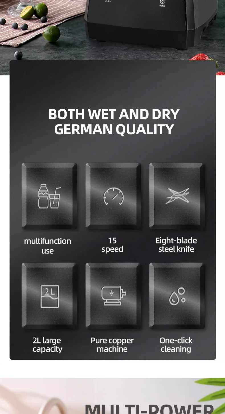 2000W Heavy Duty Commercial Blender Stationary Mixer Ice Smoothies Appliances for Kitchen Professional High Power Food Processor