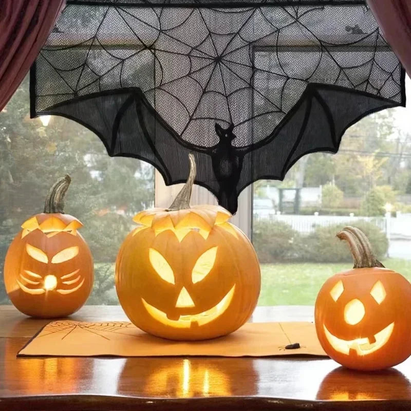 Halloween Lace Curtains Black Bat Tablecloth Hearthstone Scarf Cover Family Room Spider Web Horror Decoration Party Decoration