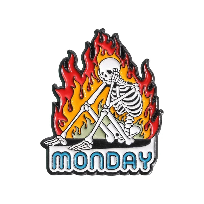 Halloween Skeleton Oil Painting Design Enamel Pins I'm Fine Anxiety Overthiking Skull Brooches Lapel Badge Punk Jewelry Gifts