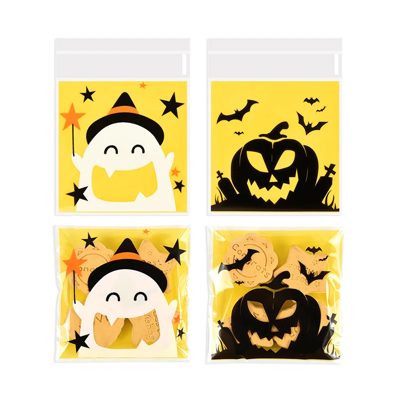 100Pcs Halloween Candy Bags Pumpkin Ghost Plastic Gift Cookie Packaging Bags Halloween Party Decor Supplies Kids Trick or Treat