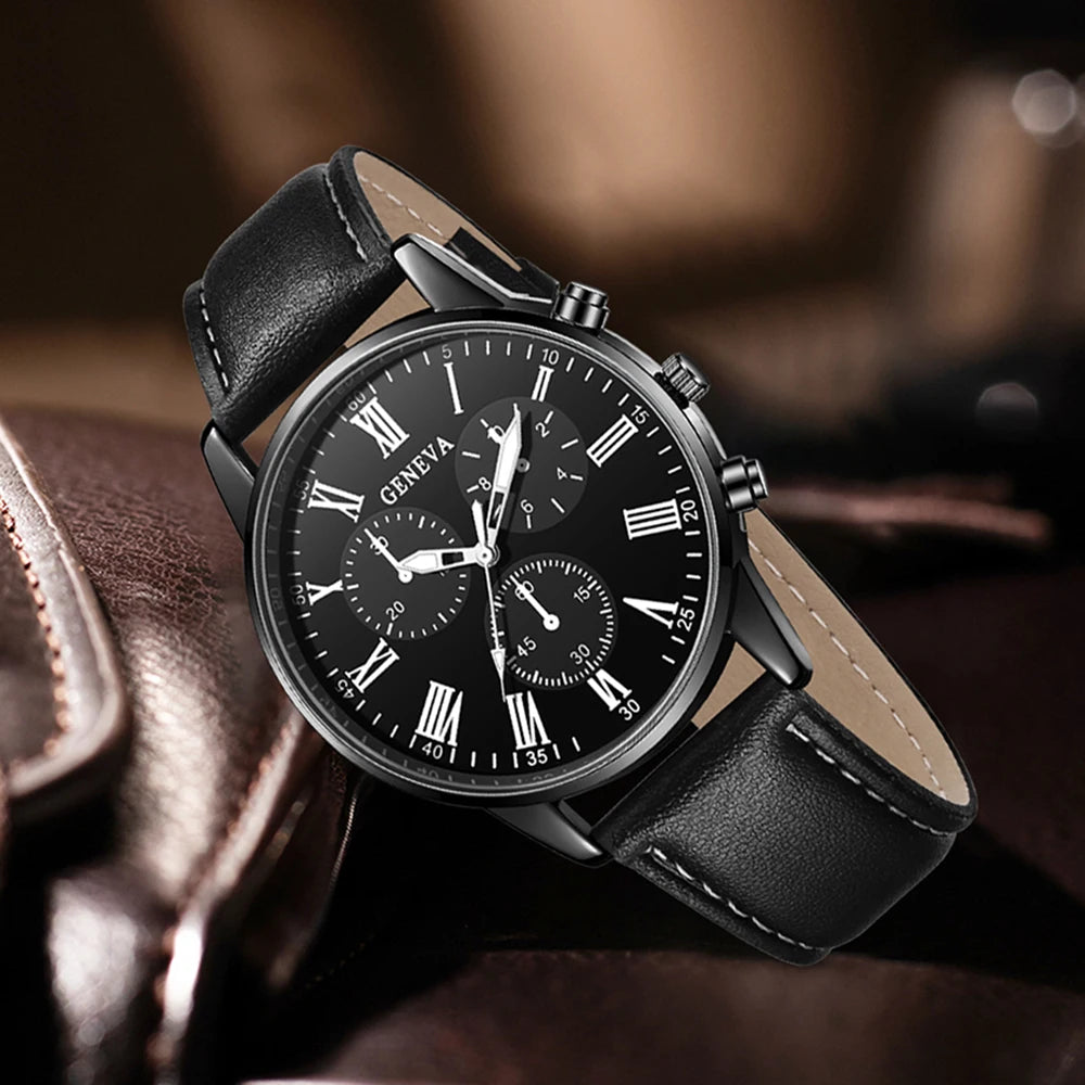 4PCS Black Men's Watch Set Business Trend Versatile Roman Digital Scale Quartz Watch Bracelet Necklace Ring Set Perfect Gift Set