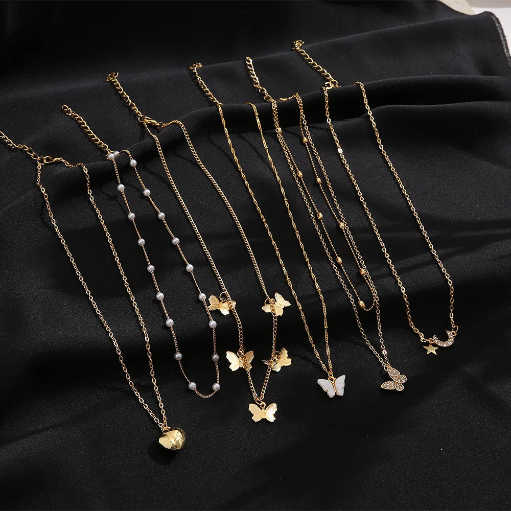 11 Pcs Women's Zircon Necklace Set Gold Color Fashion Love Heart Butterfly Pendant Hypoallergenic Neck Chain Boho Jewelry Gifts