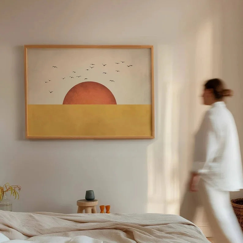 Yellow Flock of Birds Wall Cavans Art, Orange Sun Art Print, Japandi Wall Art, Abstract Landscape, Living Room Decor, Wall Art