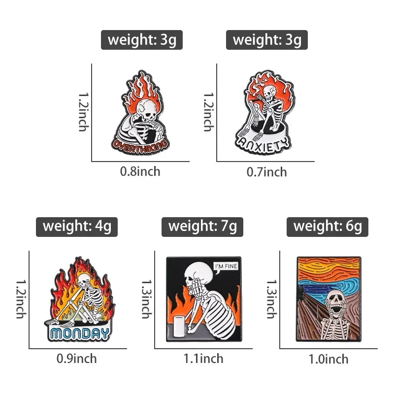 Halloween Skeleton Oil Painting Design Enamel Pins I'm Fine Anxiety Overthiking Skull Brooches Lapel Badge Punk Jewelry Gifts