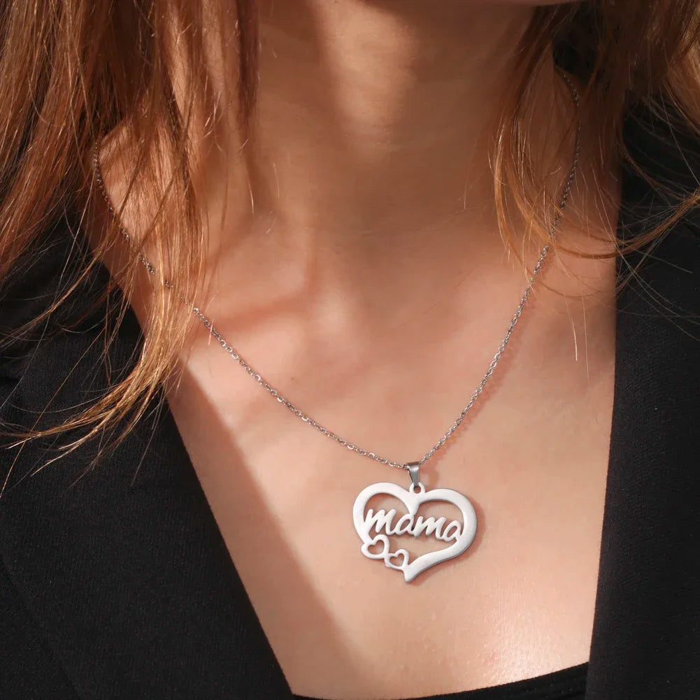 Skyrim Mama Letter Pendant Necklace for Women Stainless Steel Neck Chain Choker Trendy Family Jewelry Mother's Day Gift for Mom