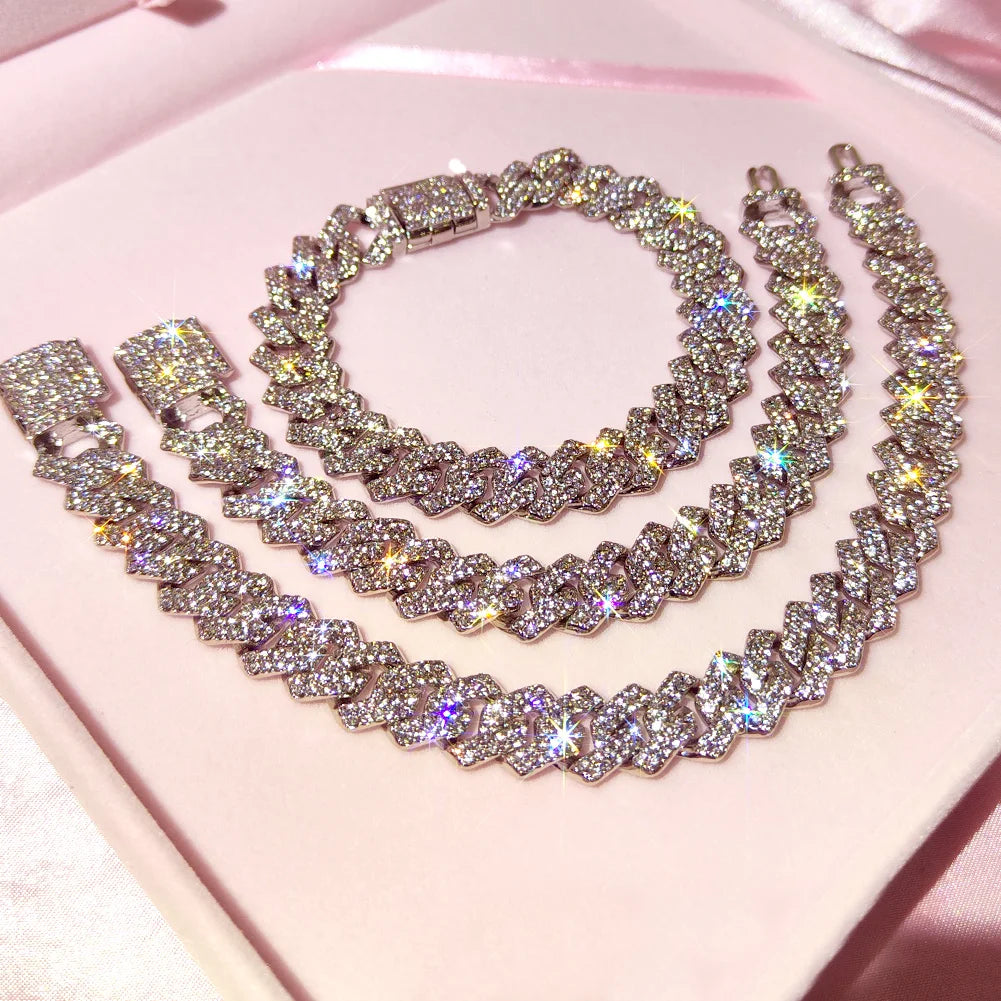 14MM Miami Prong Cuban Link Chain Necklace for Women Gold Silver Color Luxury 2 Row Rhinestones Cuban Choker Iced Out Jewelry