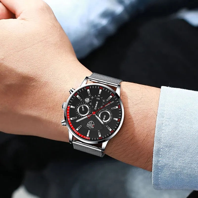 Mens Fashion Sports Watches Men Business Casual Quartz Wrist Watch Luxury Silvery Mesh Belt Watch