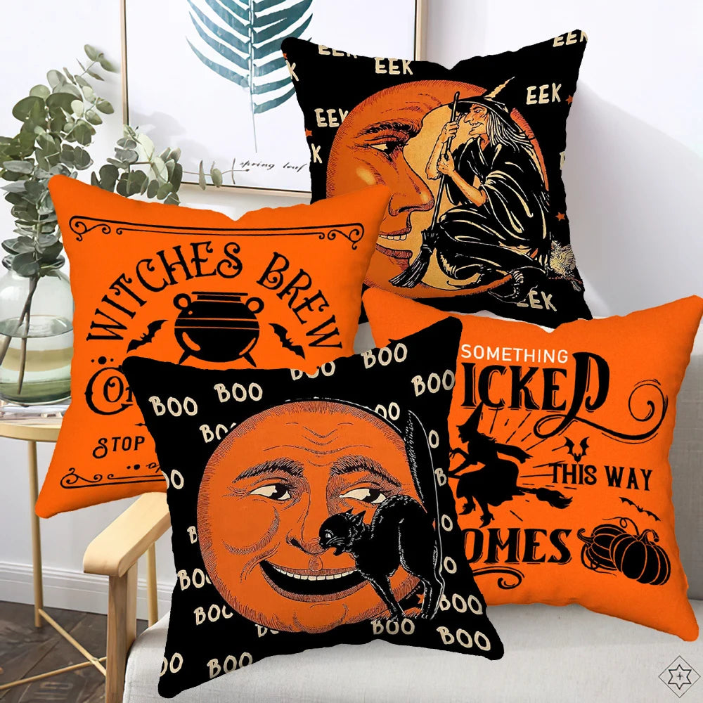 4-Pack Halloween Throw Pillow Covers 45X45cm Ghost Pumpkin Bat Pattern Ideal for Sofa, Bed, Car, Living Room Home Decor