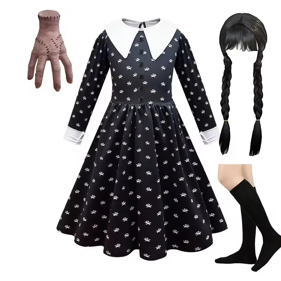 Black Dress Girls TV Series Role Playing Halloween Costume Toddler Adams Weirdo Family Cosplay Apparel