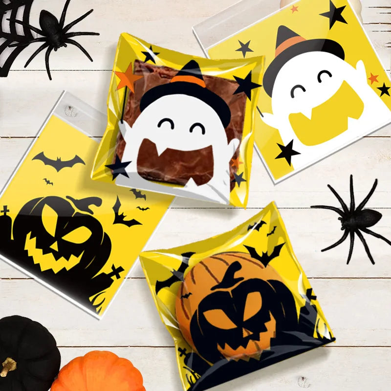 100Pcs Halloween Candy Bags Pumpkin Ghost Plastic Gift Cookie Packaging Bags Halloween Party Decor Supplies Kids Trick or Treat