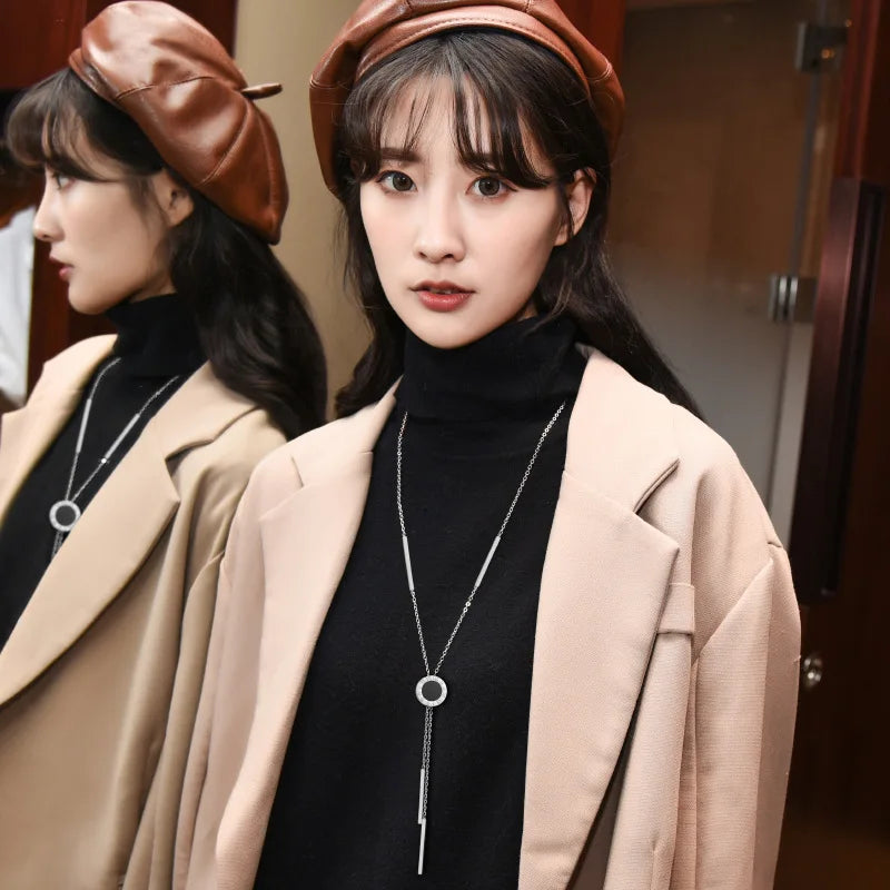 Fashion Geometric Disc Roman Digit Numbers Long Tassel Necklaces & Pendants Autumn Winter Sweater Chain Necklace Women Jewelry