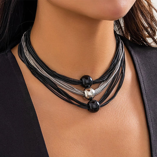 IngeSight.Z Gothic Multi Layered Mixed Color CCB Big Ball Choker Necklace Women Punk Black Box Chain Necklace Halloween Jewelry