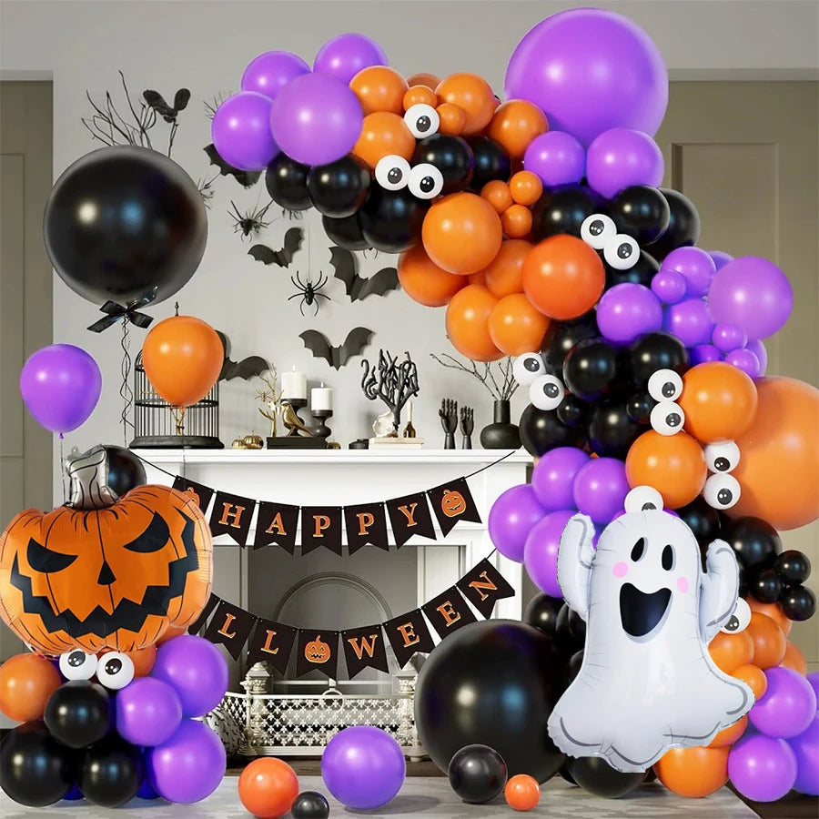 107 Halloween Themed Balloon Arch Set Halloween Pumpkin Ghost with Purple Black Orange Latex Balloon Perfect for Halloween Party Funny Birthday Party Christmas and Evening Party Decoration First Choice