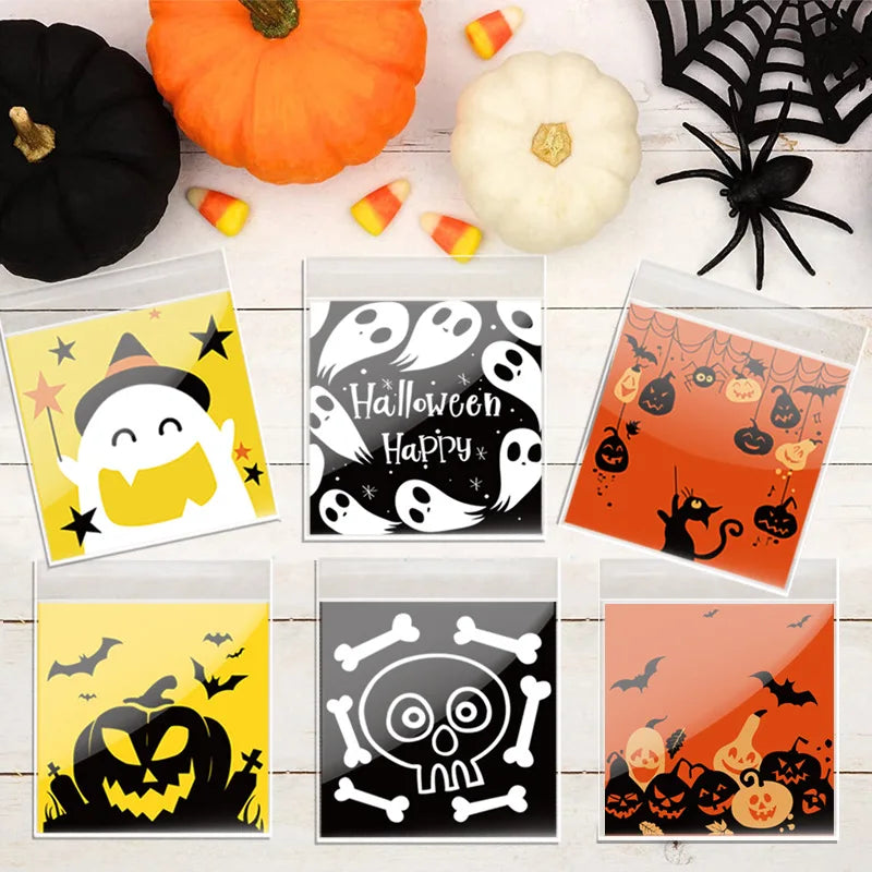 100Pcs Halloween Candy Bags Pumpkin Ghost Plastic Gift Cookie Packaging Bags Halloween Party Decor Supplies Kids Trick or Treat