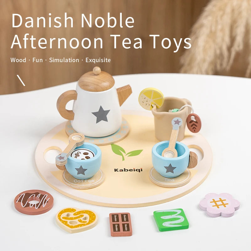 Wooden Kitchen Play Toys Kitchen Simulation Tea Set Afternoon Tea Activity Games Pretend Play Kitchen Accessories Toy for Kids