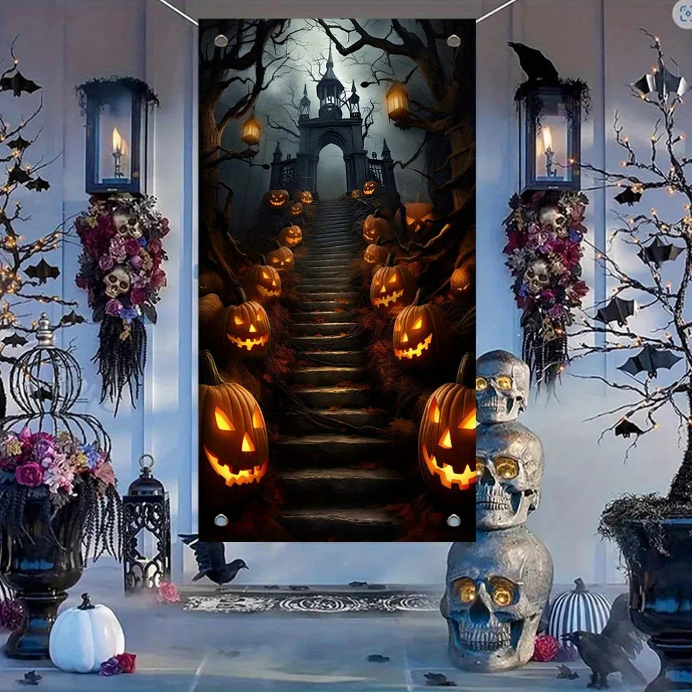 1pc2D flat Halloween theme background cloth banner, scary pumpkin head steps design, Halloween decoration,no power required——sjs