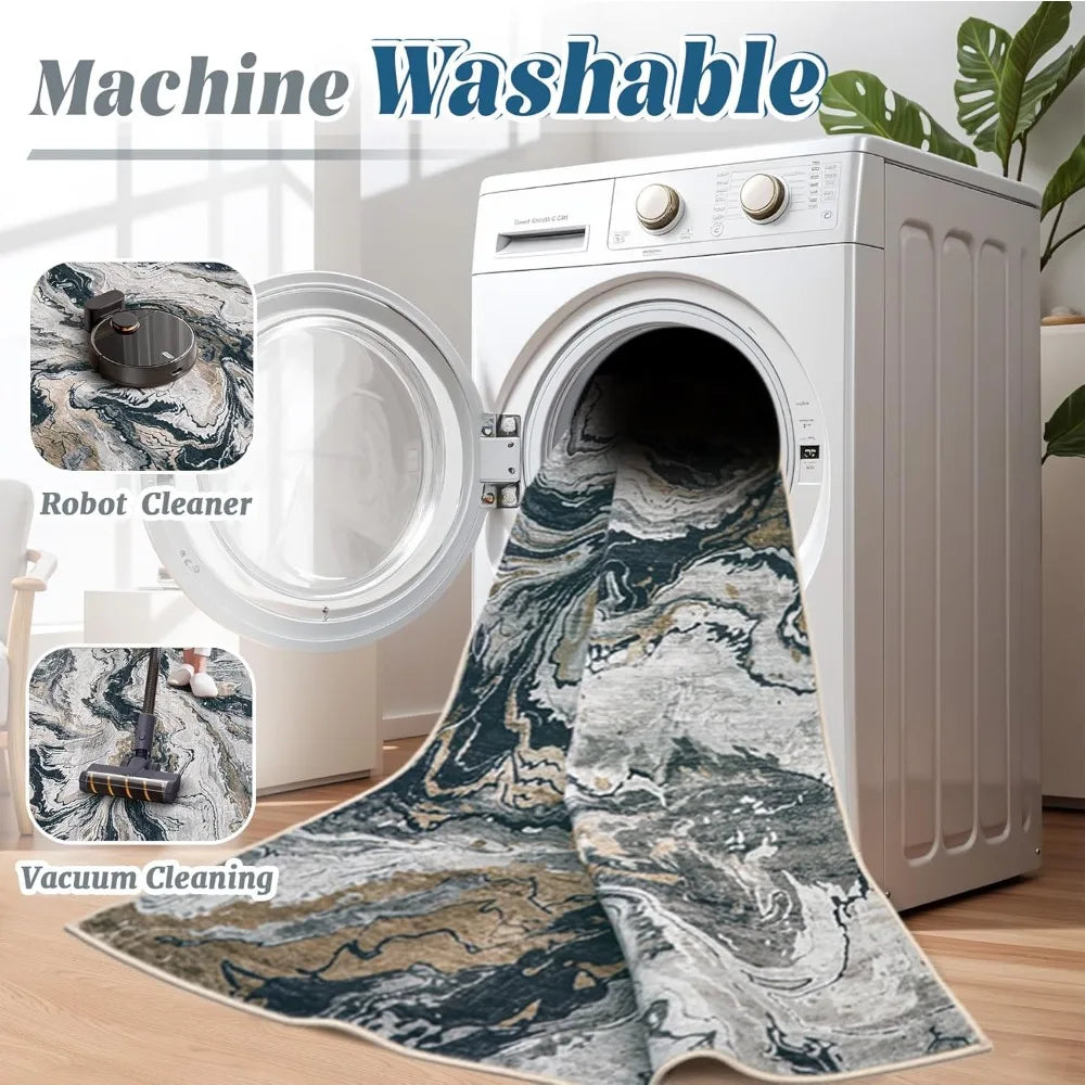 Large Neutral Abstract Area Rugs for Living Room and Bedroom: Modern Marble Design, Washable, Soft, and Non-Slip Indoor Carpets