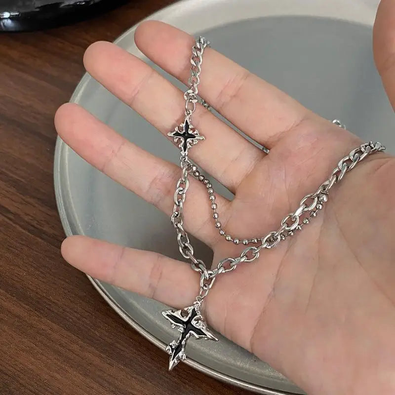 Hiphop Punk Long Chain Cross Necklace for Women Men Punk Double Layer Splicing Chain Necklace Charm Trend Neck Jewelry Halloween