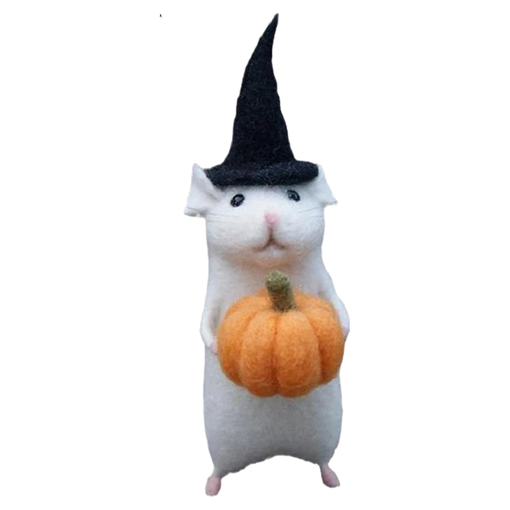 Halloween Handmade Wool Needle Felt Mouse Toy Set Desktop Decoration Creative Mini Little White Mouse Holding Pumpkin Cloth Doll