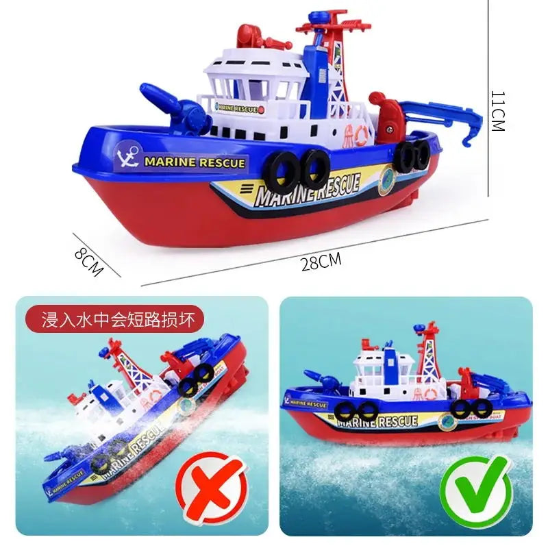 Electric Marine Rescue Boat Toy Fire-fighting Boat Bathing Speedboat Toy with Sound Light Up Toys for Kids Spray Water Swim Pool