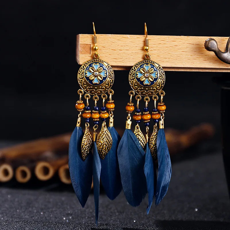 Bohemian Vintage Jewelry For Women 2024 Trendy Carved Leaf Feather Tassel Long Earrings