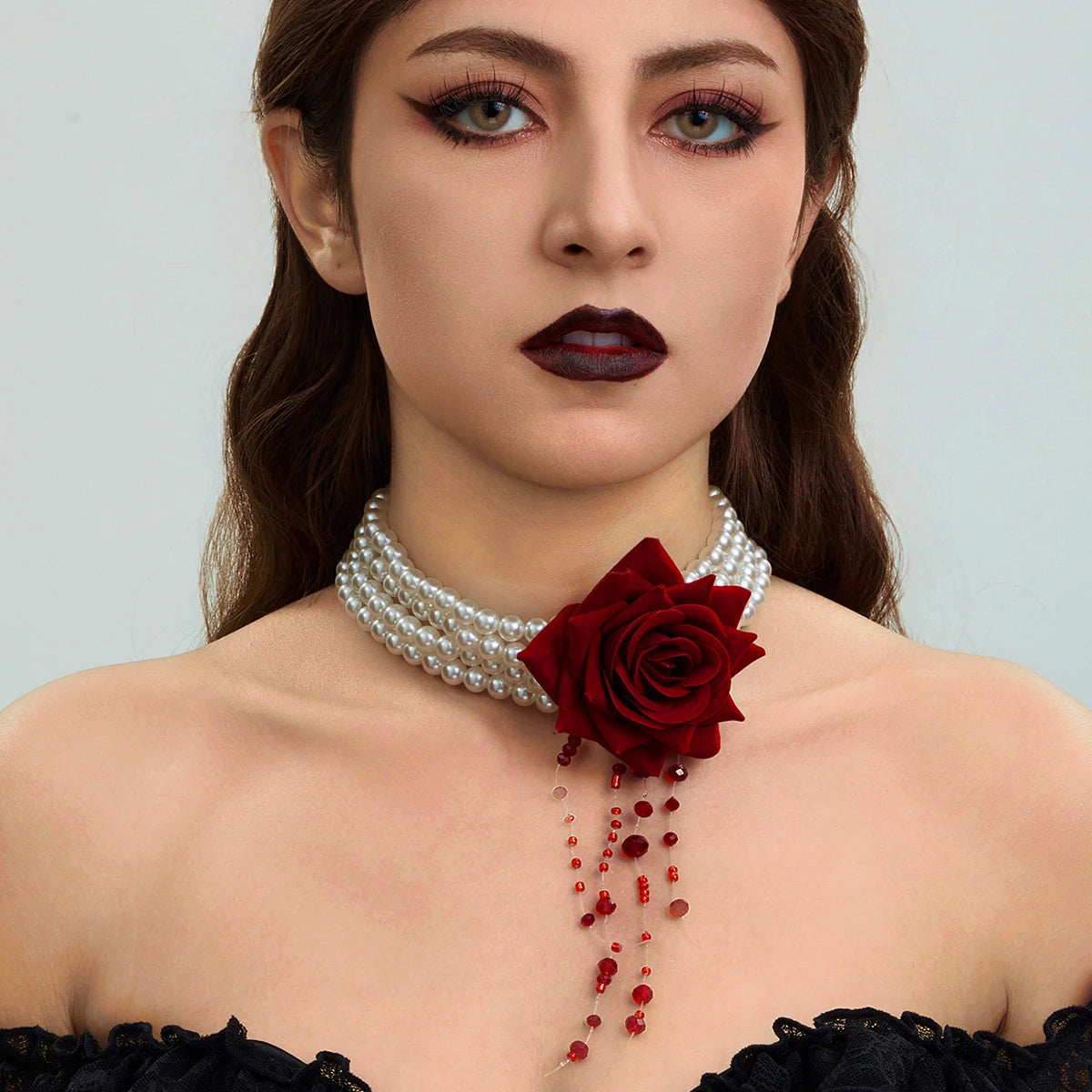 Ingemark Multilayer Imitation Pearl Rose Flower Clavicle Chain Necklace Women Goth Red Crystal Pendant Choker Halloween Jewelry