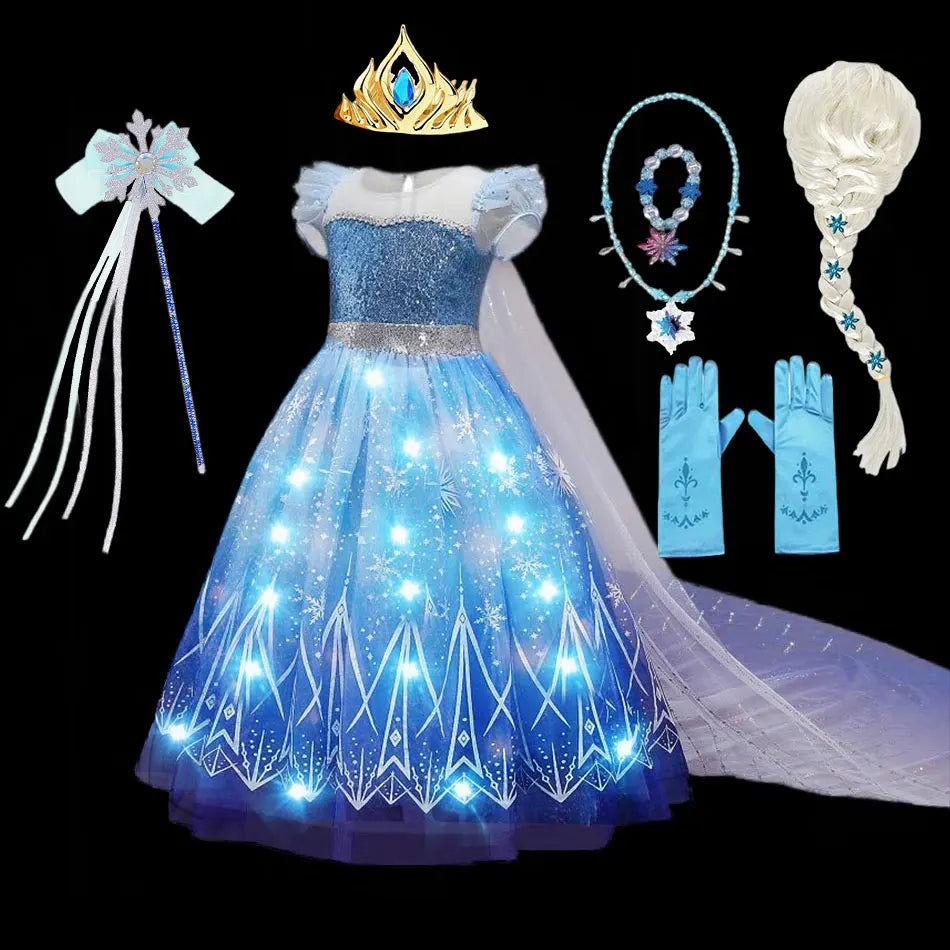 Disney Girl Elsa Role Playing Dress Light Up Kid Halloween Frozen Carnival Apparel Girls Birthday Cosplay Princess Glowing Dress