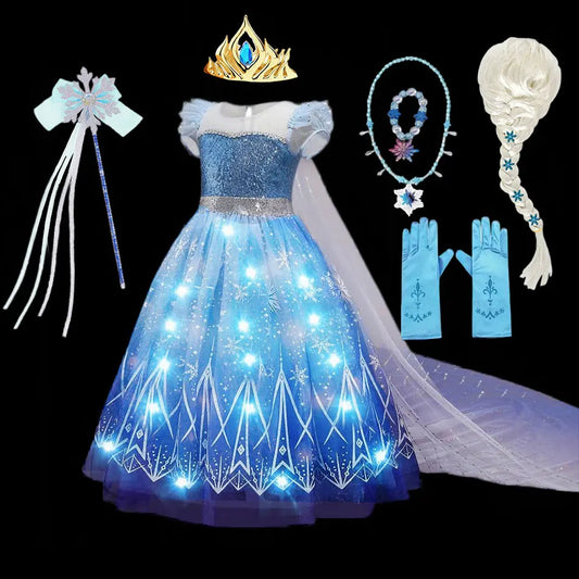 Disney Girl Elsa Role Playing Dress Light Up Kid Halloween Frozen Carnival Apparel Girls Birthday Cosplay Princess Glowing Dress