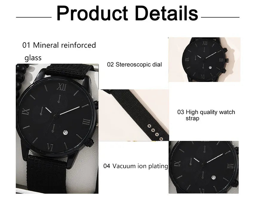 New Men's Watch Luxury Bracelet Multi Piece Set Fashion Business Black Leather Quartz Watch Men's Gift Set Reno Masculino