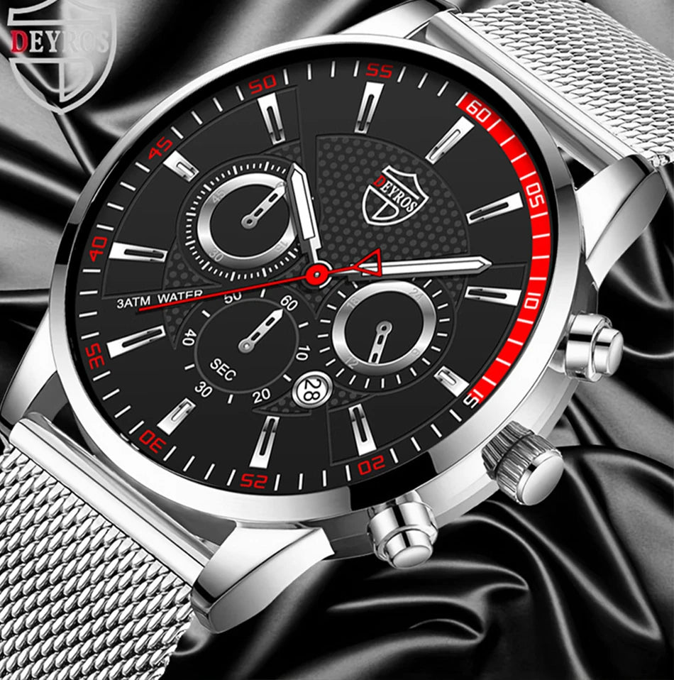 Mens Fashion Sports Watches Men Business Casual Quartz Wrist Watch Luxury Silvery Mesh Belt Watch