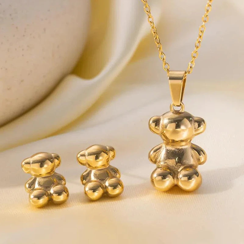 3PCS Anime Style 3D Cute Bear Earrings Necklace Set For Women High Quality Stainless Steel Not Fading INS Couples Gift Jewelry