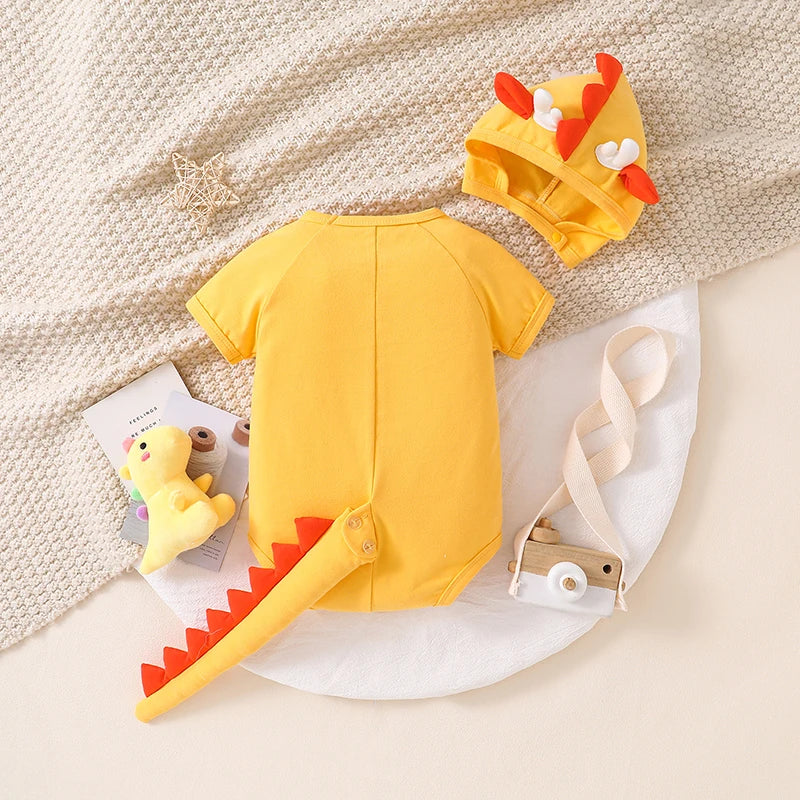 Adorable Toddler Dino Outfit Short Sleeve Round Neck Jumpsuit with Matching Hat Set Baby Clothing for Halloween