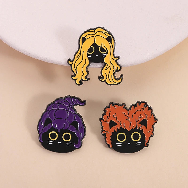 Funny Witch Black Cat Enamel Pins Family Comedy Film Movies Witch Sisters Brooch Lapel Badge Halloween Jewelry Gifts for Friends