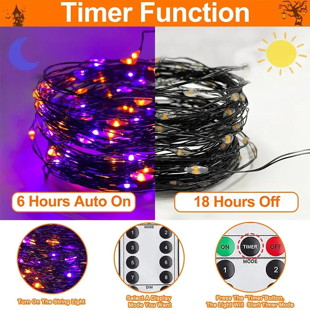 Purple and Orange Fairy String Lights Copper Black Wire Total 100-1200LED USB Fairy Lights With 8 Modes For Halloween Decoration