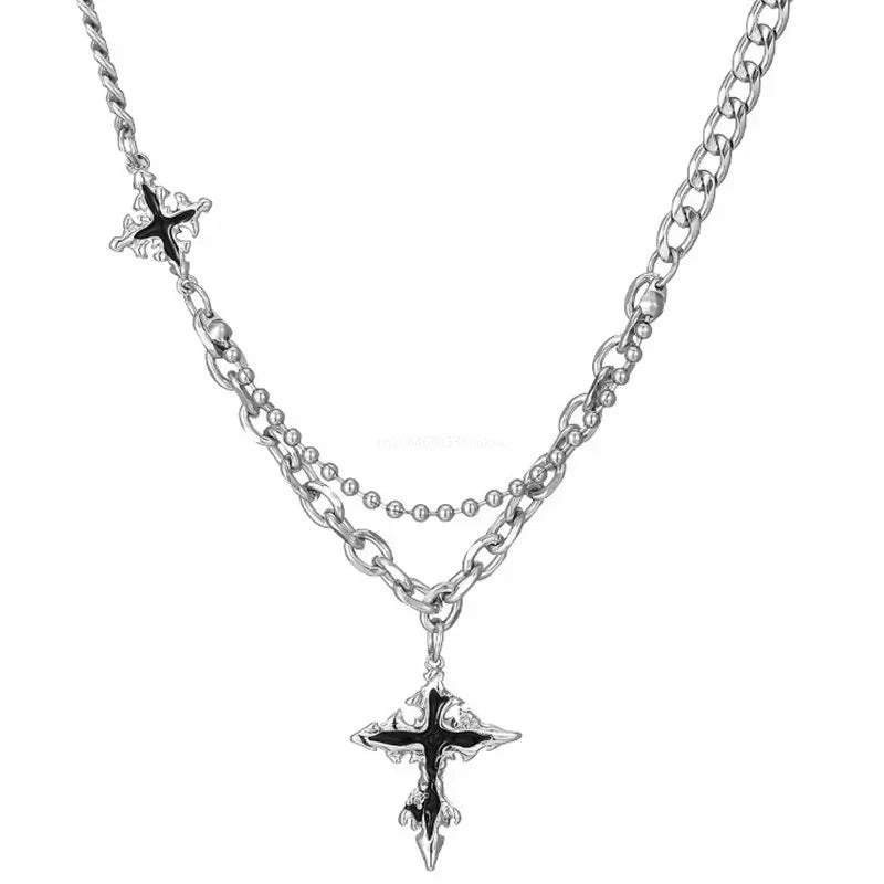Y2K Grunge Hip Hop Halloween Jewelry Accessories Punk Metal Back Cross Pendant Silver Color Chain Necklace for Women Men 1pcs