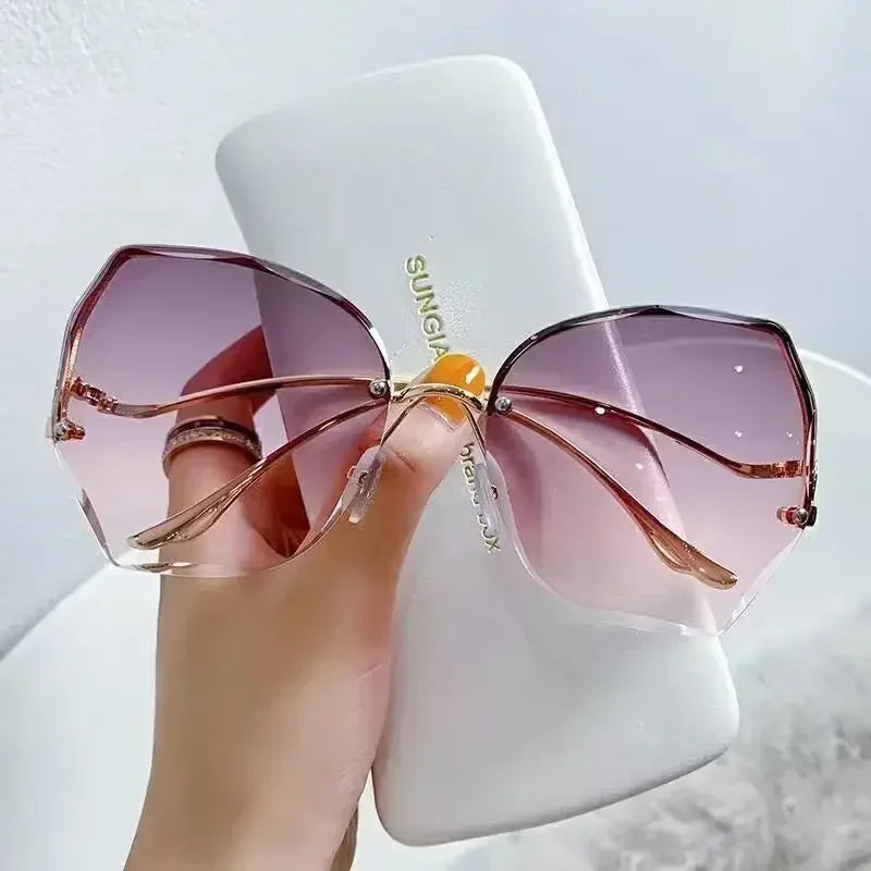 Irregular Round Sunglases Women Brand Designer Gradient Fashion Sun Glasses Female Rimless Metal Curved Temples Oculos De Sol