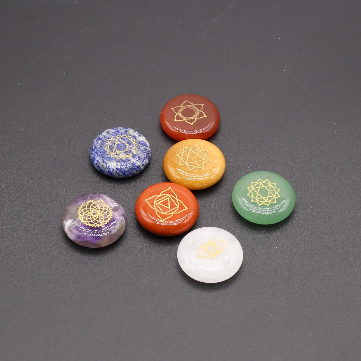 Set of 7 Pieces Natural Stones  Pendulum Reiki Healing Stones Engraved  Seven Chakra Symbols Reiki Healing Gems