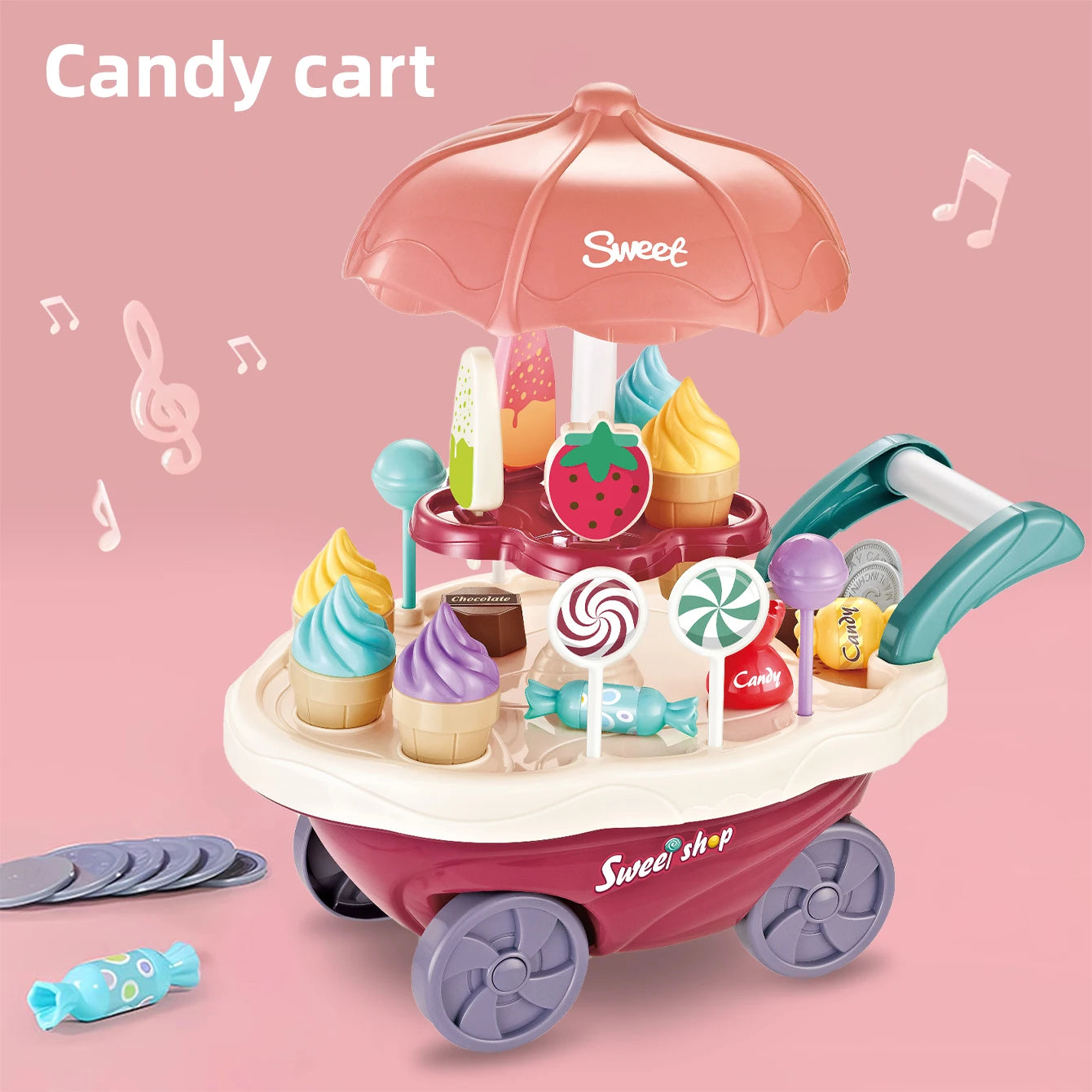 Family Play Children's Toys - Light and Music Mini Candy Dessert Cart with Storage Feature Toy Set