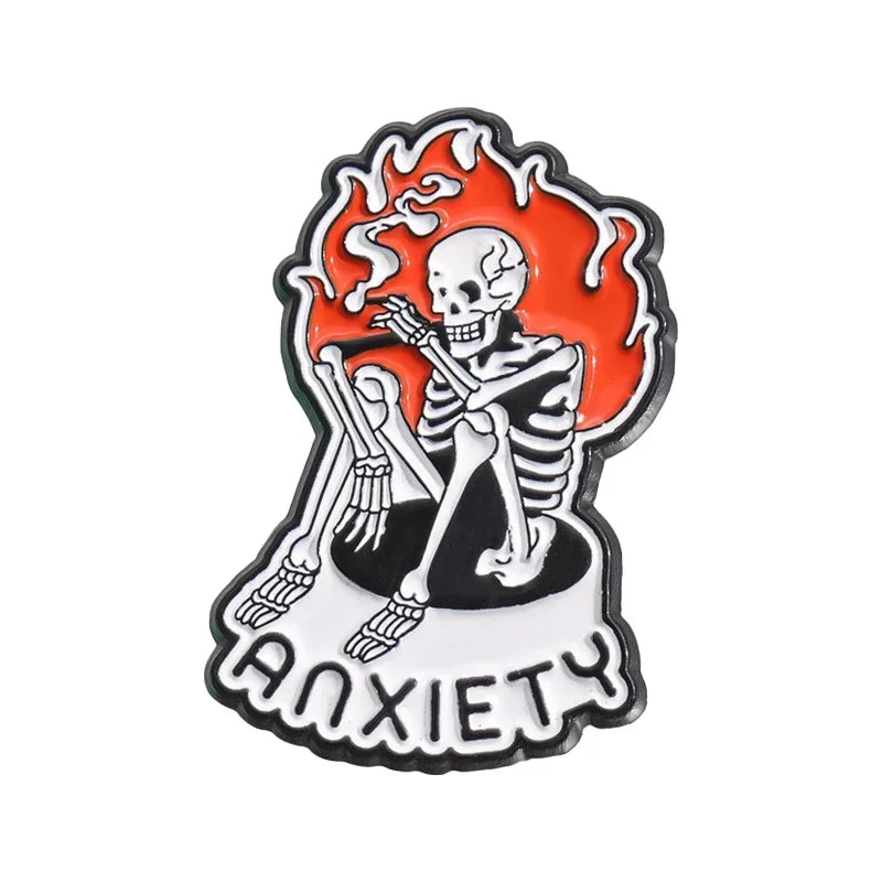 Halloween Skeleton Oil Painting Design Enamel Pins I'm Fine Anxiety Overthiking Skull Brooches Lapel Badge Punk Jewelry Gifts