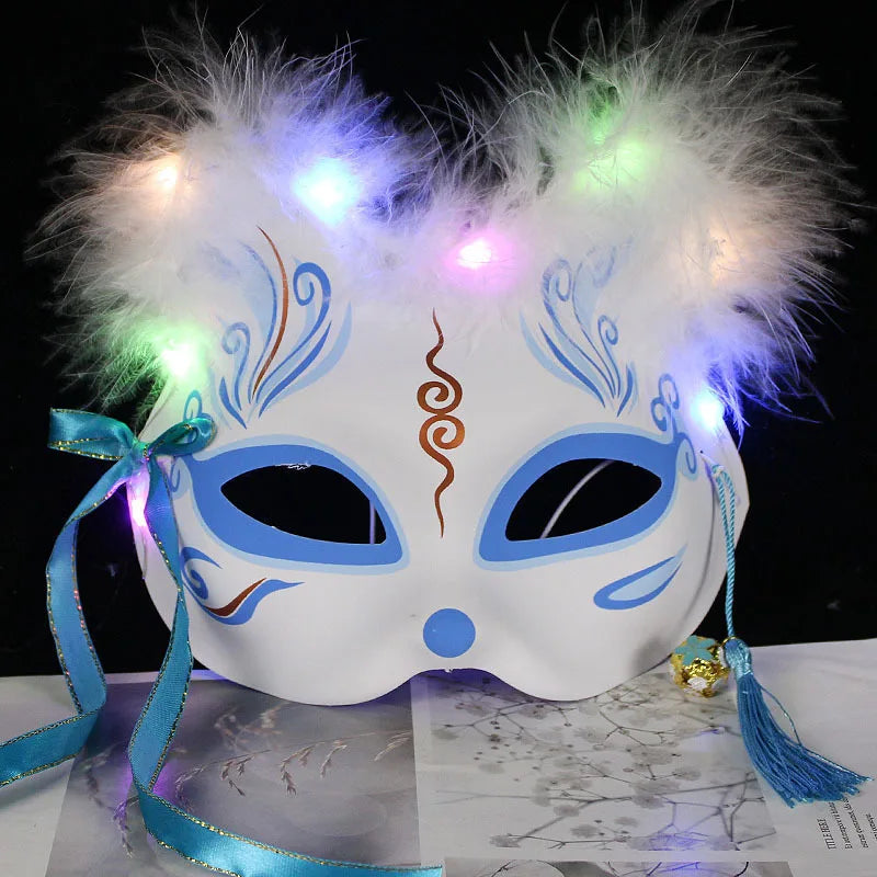 Luminous Led Mask Japanese Foxes Mask Rave Costume Anime Half Face Cat Masks Masquerade Festival Halloween Party Cosplay Props