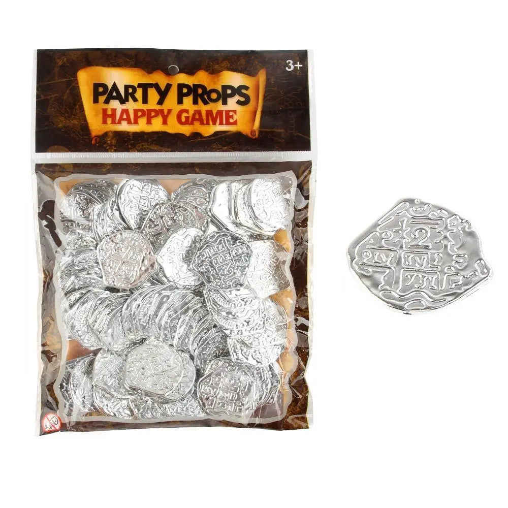 100PCS Gold Silver Halloween Pirate Treasure Coins Festival Ornament 3.7*3.5cm Toy Coins Party Supplies Photo Props