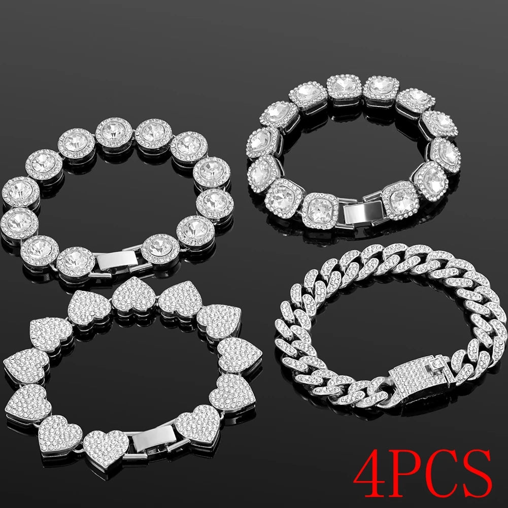 4Pcs Iced Out Chain Cuban Bracelet for Women Men Hip Hop Gold Silver Color Full Rhinestone Heart Circle Square Bracelet Jewelry