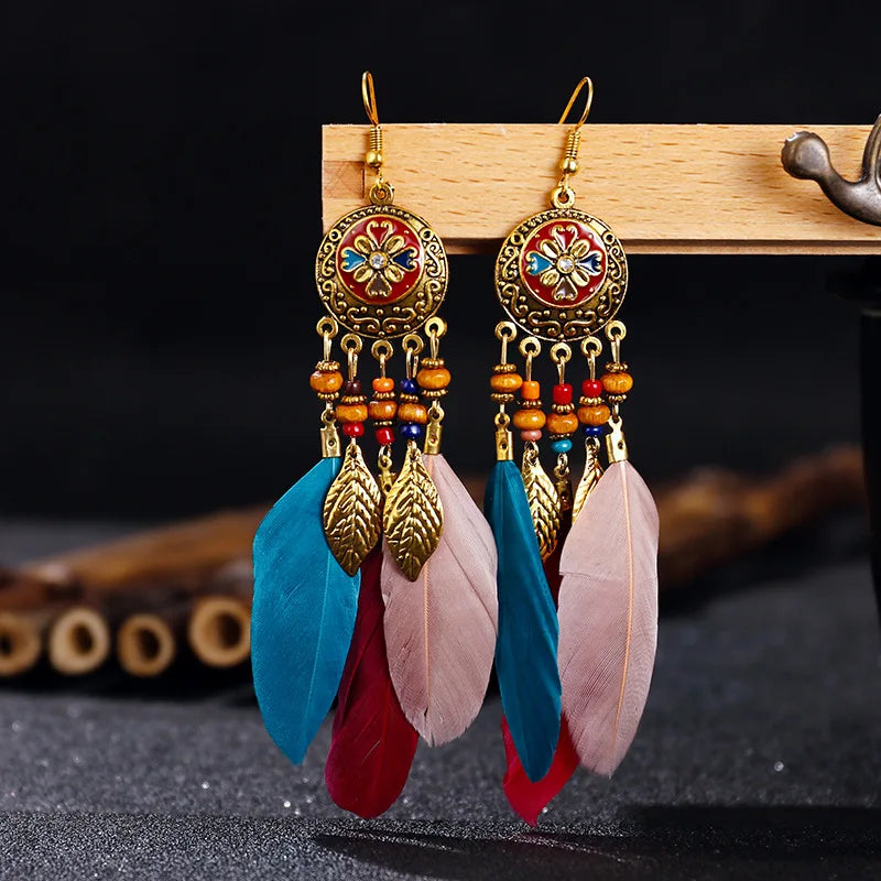 Bohemian Vintage Jewelry For Women 2024 Trendy Carved Leaf Feather Tassel Long Earrings