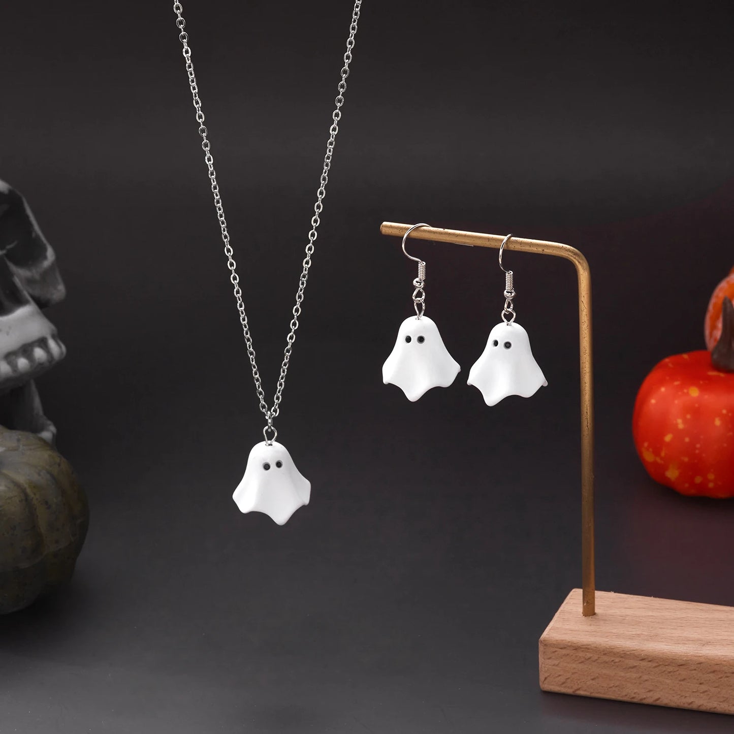 Cute Cartoon White Ghost Dangle Earrings for Women Trendy Creative Funny Monster Earrings Necklace Halloween Jewelry Accessories