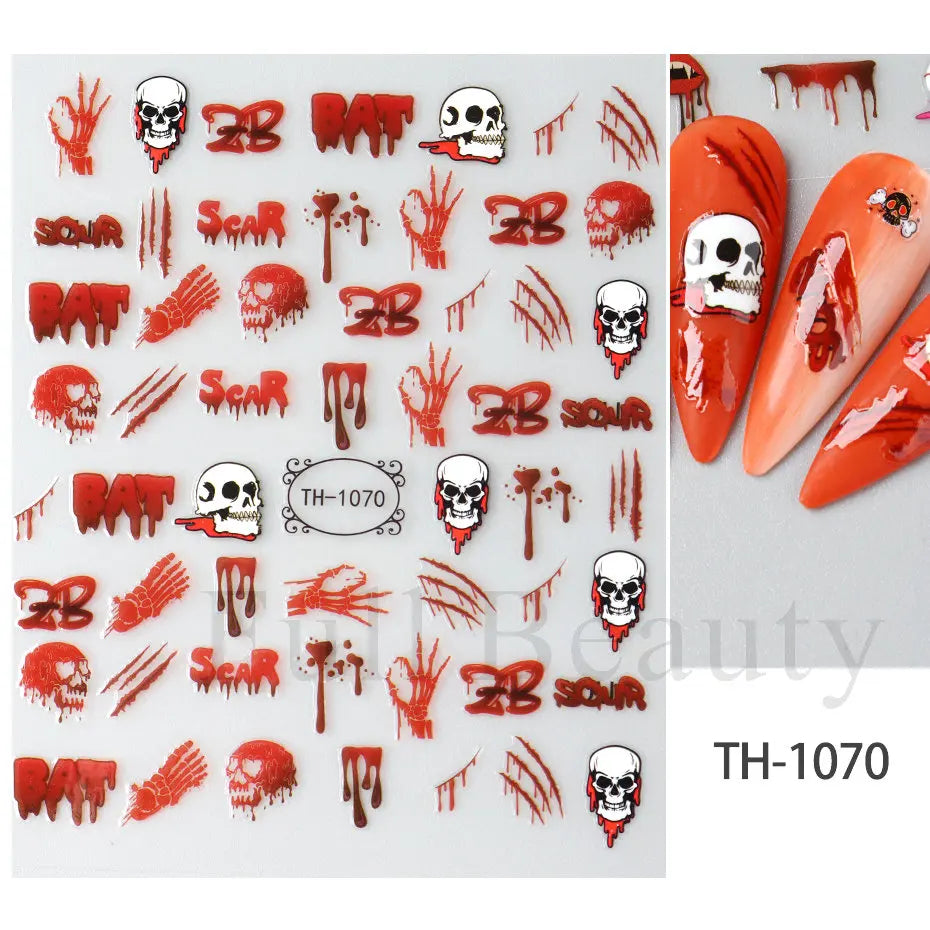 Nail Stickers Halloween Series Bat Skull Bone Ghost Pumpkin Pattern 3D Self Adhesive Decals For Nails Manicure Decoration LATH