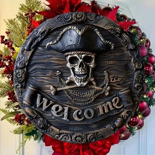 Spooky and Stylish: Pirate Skull Welcome Sign for Unforgettable Decor. Ideal for Halloween Party, a Great Gift Option