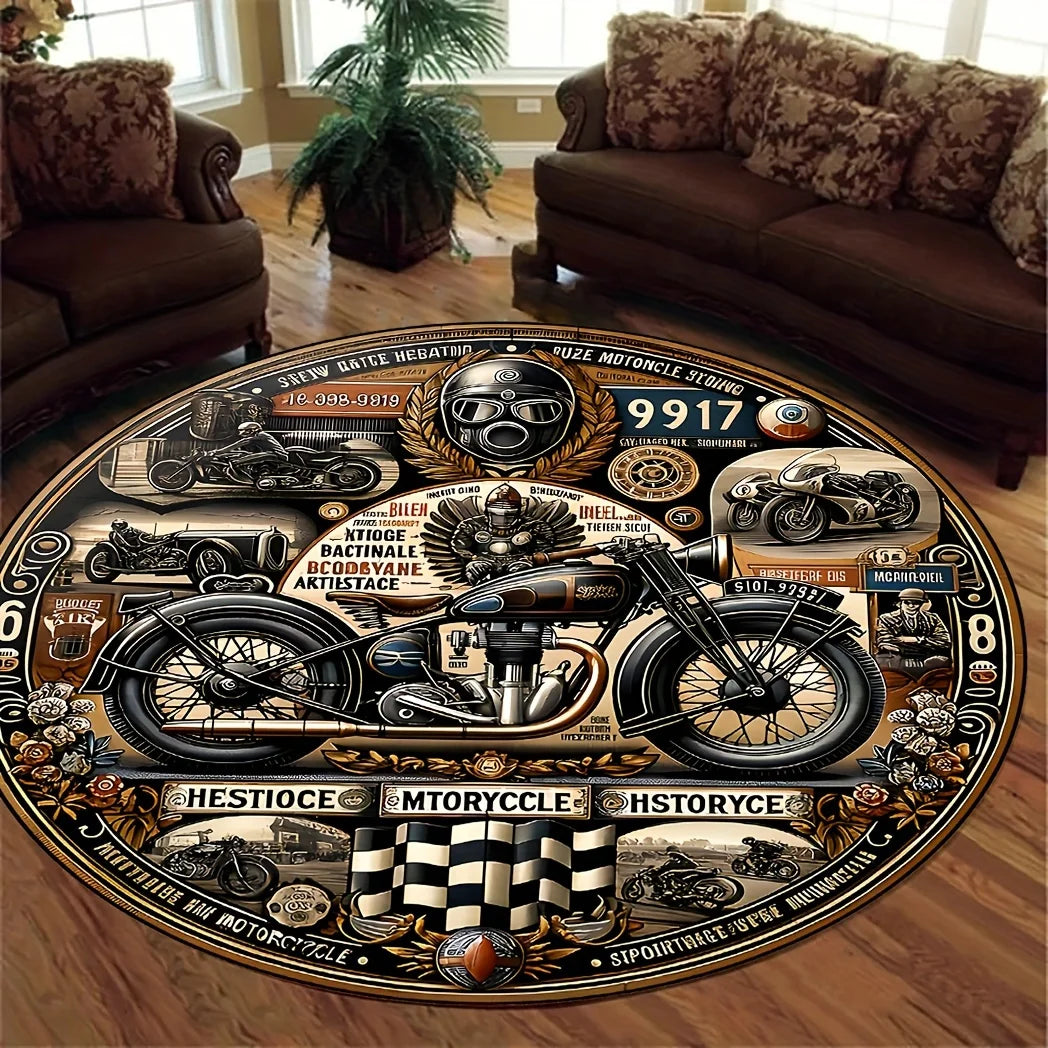 Retro Motorcycle Pattern Round Area Rug – Anti-Slip, Digital Printed Floor Mat for Bedroom, Living Room, Game Room, Bar Decor