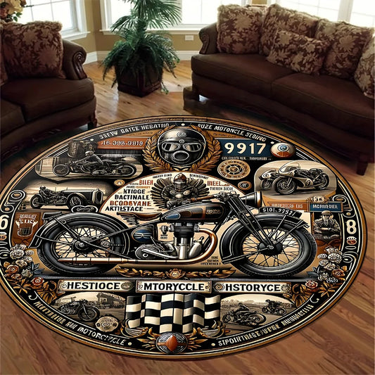 Retro Motorcycle Pattern Round Area Rug – Anti-Slip, Digital Printed Floor Mat for Bedroom, Living Room, Game Room, Bar Decor