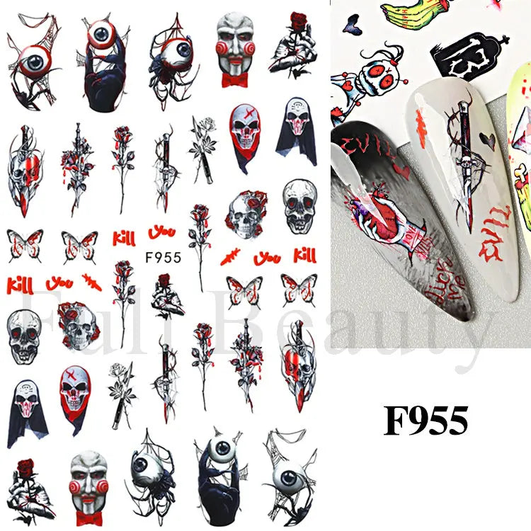 Nail Stickers Halloween Series Bat Skull Bone Ghost Pumpkin Pattern 3D Self Adhesive Decals For Nails Manicure Decoration LATH